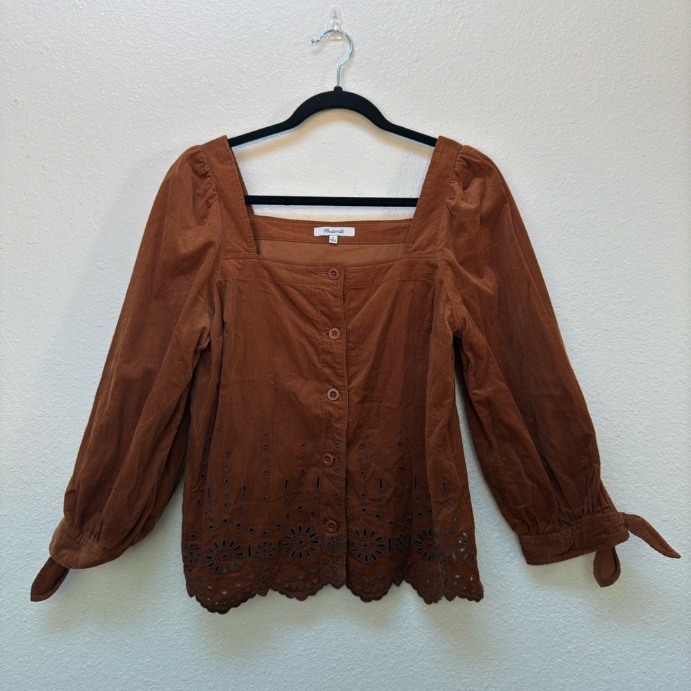 Madewell Embroidered Eyelet Corduroy Tie-Sleeve Top